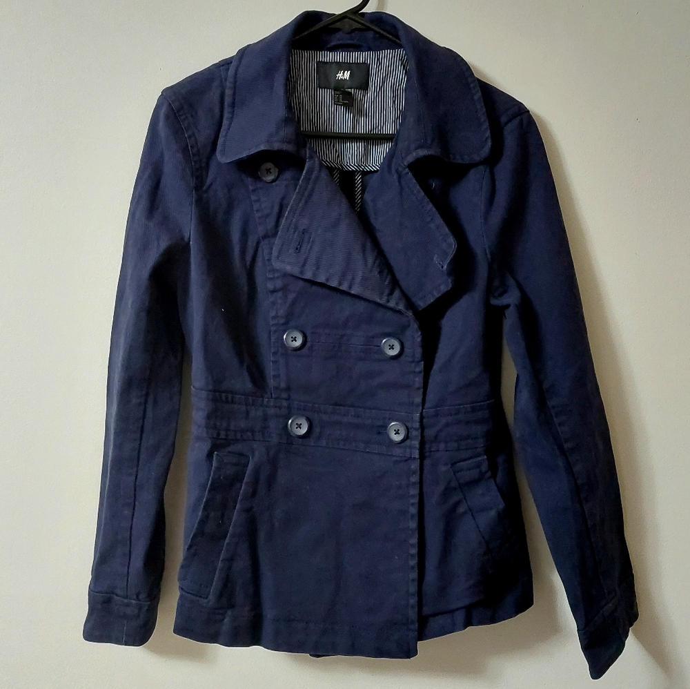 H&M double breasted peacoat jean jacket SIZE 14 NAVY BLUE